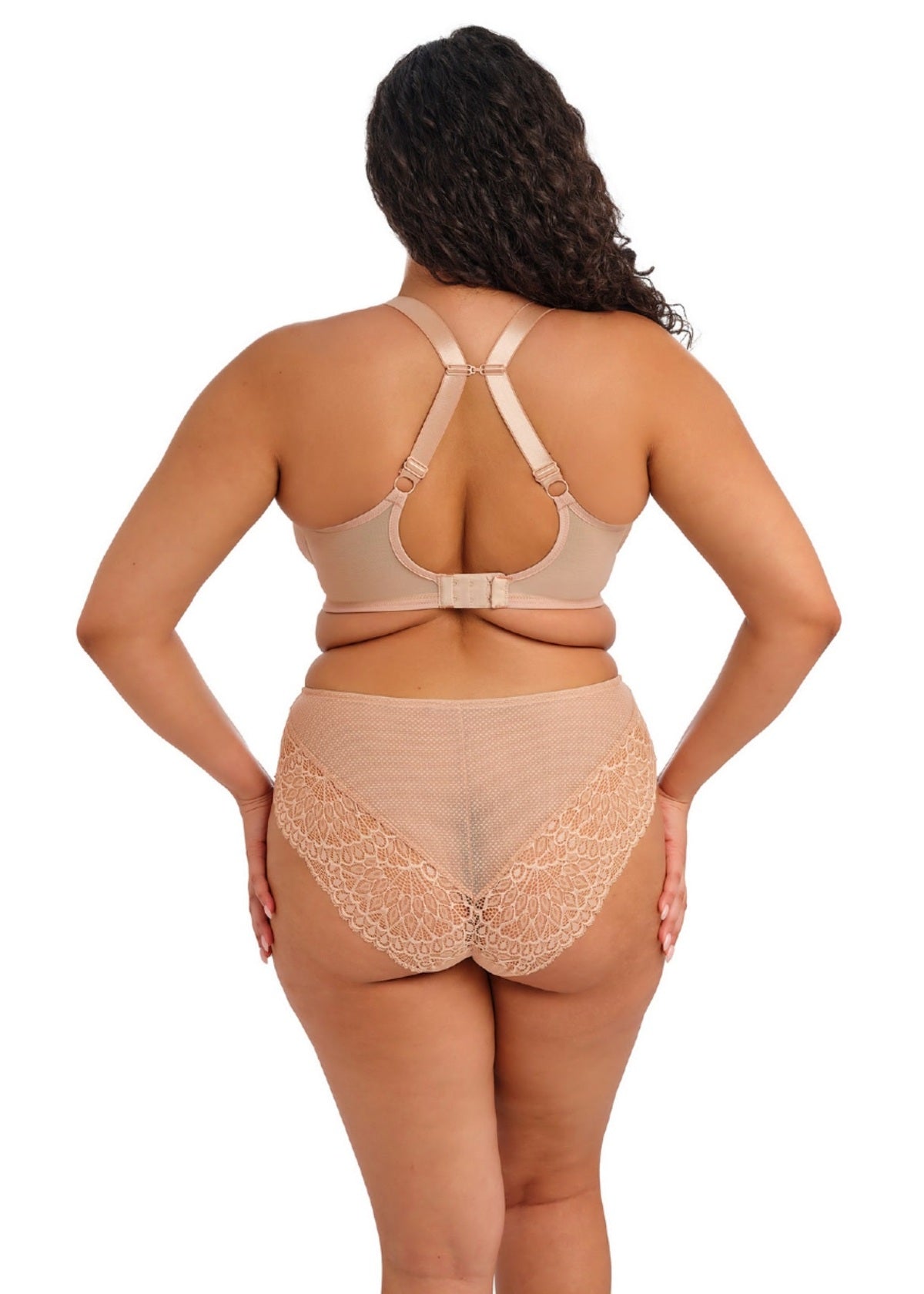 Beige lace-trimmed high-waisted underwear set with tiernie plunge bra featuring adjustable straps and back clasp