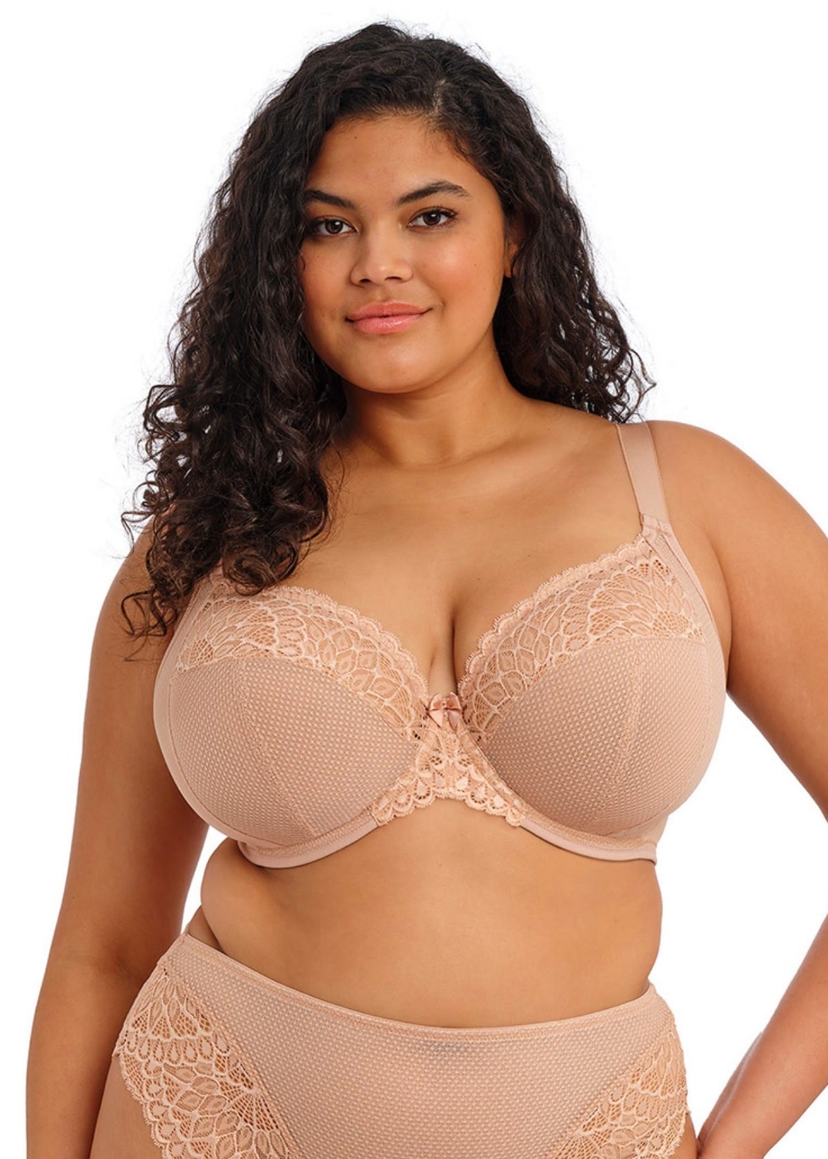 Beige tiernie plunge bra with lace trim underwire cups mesh fabric and adjustable straps for a comfortable fit