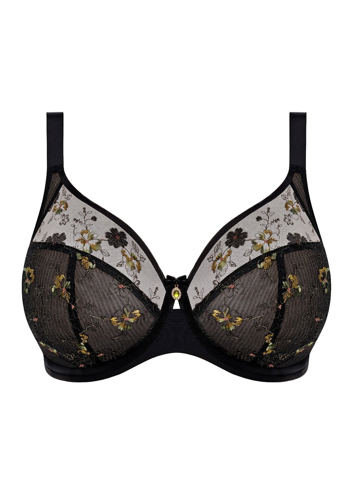 Lyriana bra black lace with gold floral embroidery and central yellow gemstone accent in dark tones