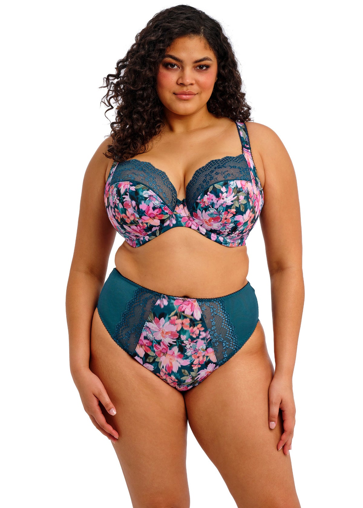 Lucie Plunge teal and pink floral plus-size lingerie set with lace trim