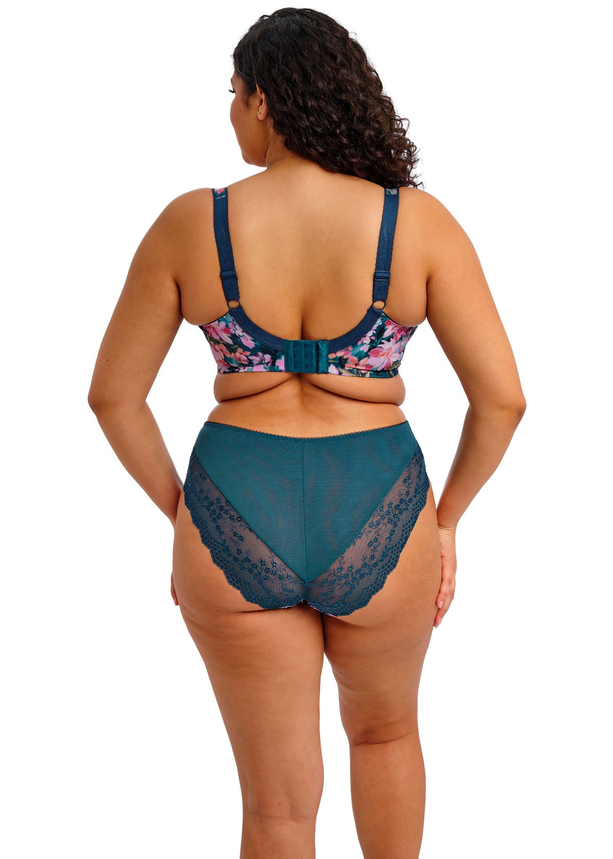 Lucie Plunge teal floral bra with lace trim and matching high-waisted panties