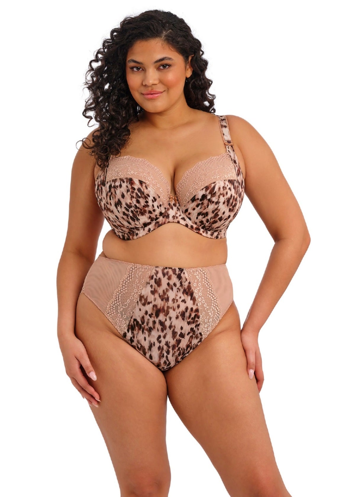 Beige and brown leopard-print lucie plunge bra set with lace trim made from delicate fabric for stylish support