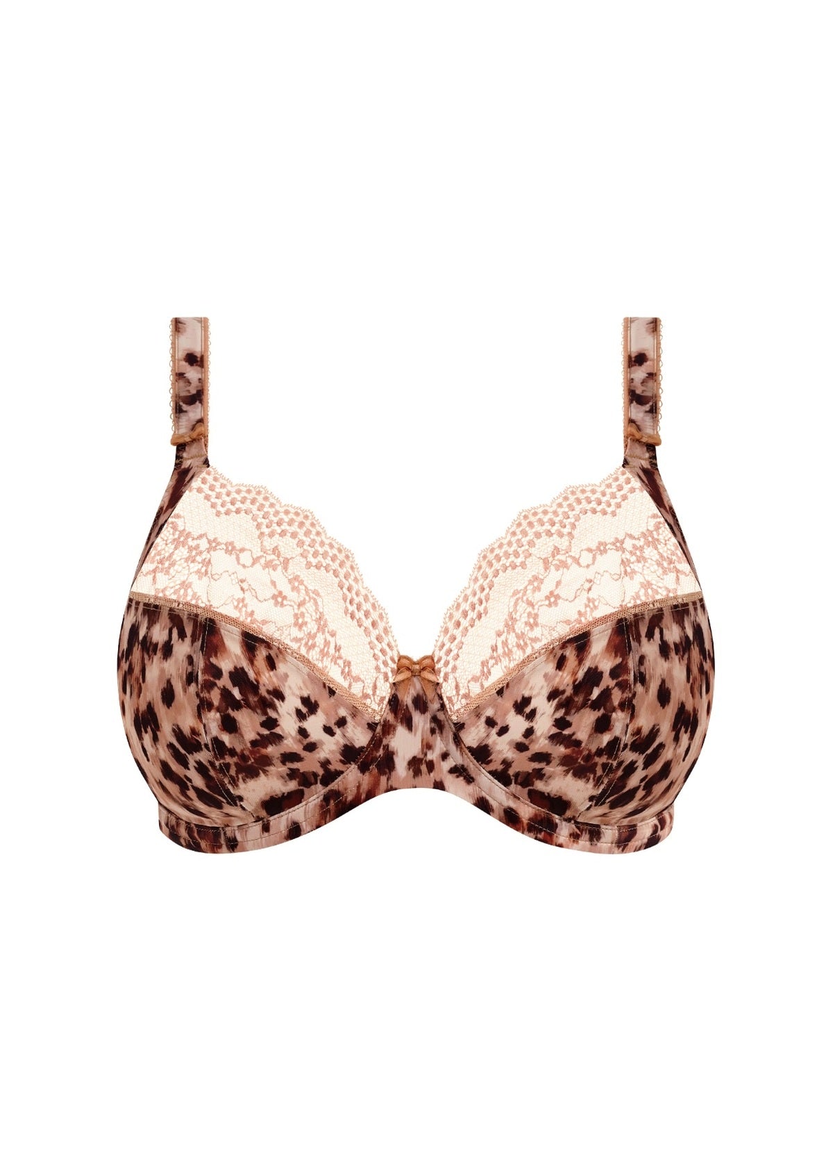 Beige and brown leopard print lucie plunge bra with lace trim featuring a plunge neckline and delicate lace detailing