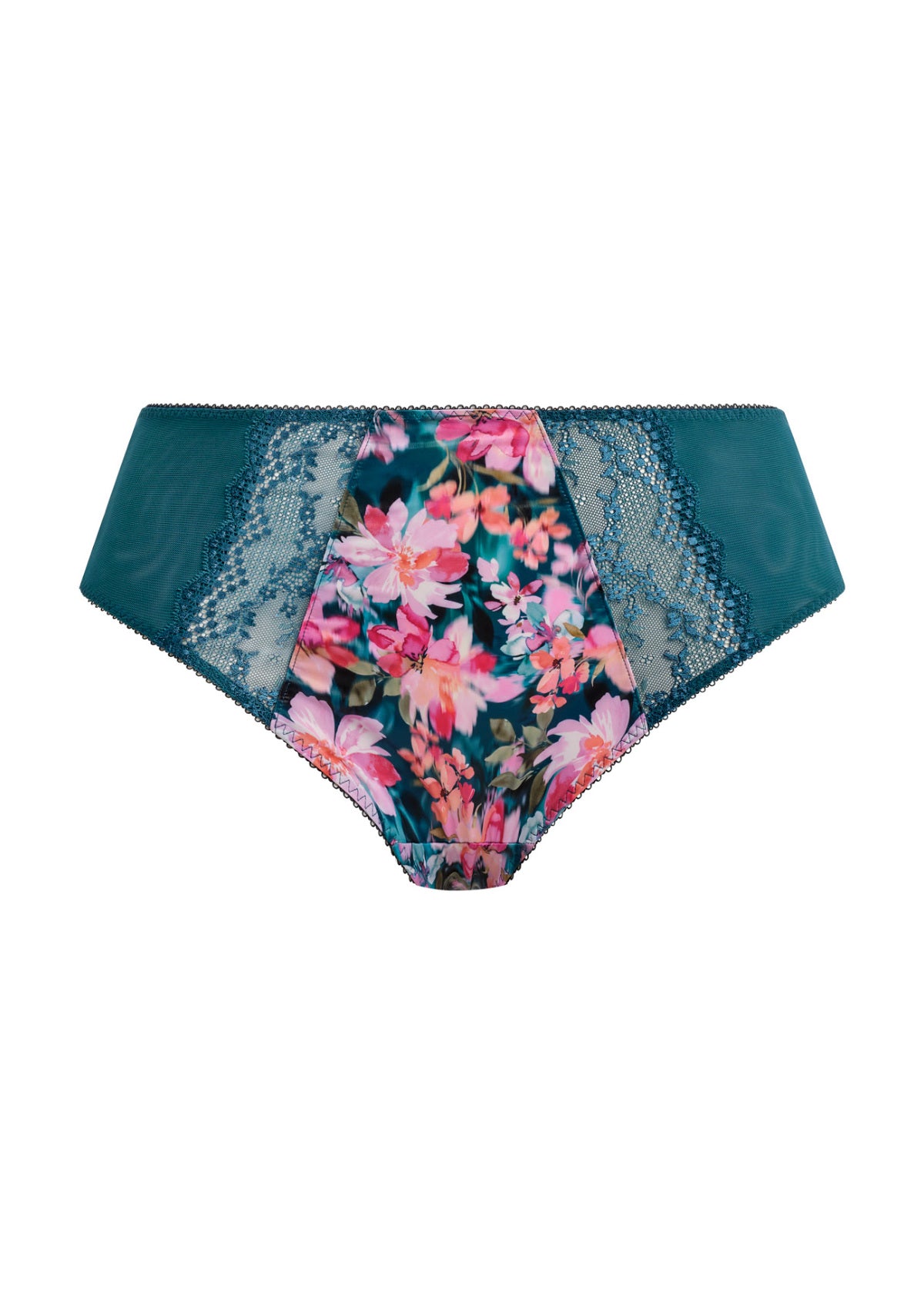 Lucie High Leg Brief in teal floral pattern with pink blossoms and lace trim