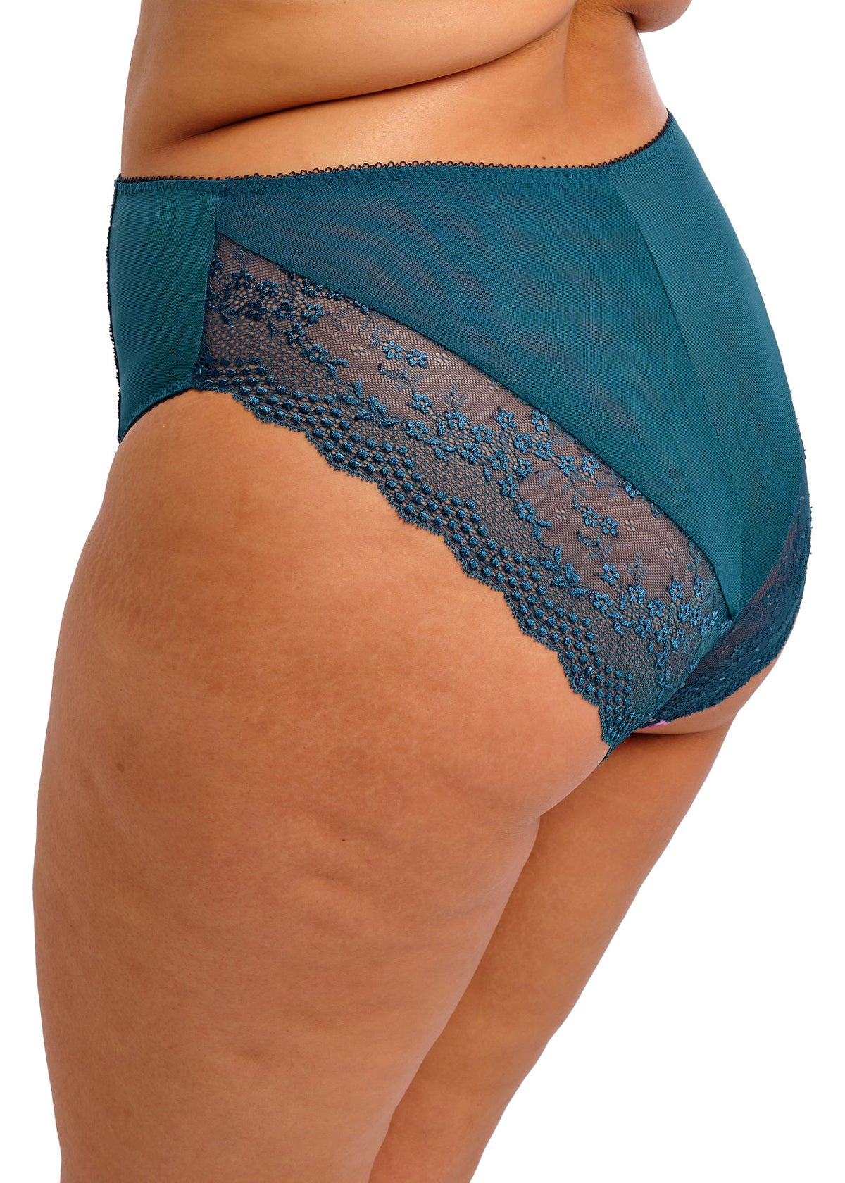 Lucie High Leg Brief in teal lace-trimmed high-waisted style with sheer mesh panel