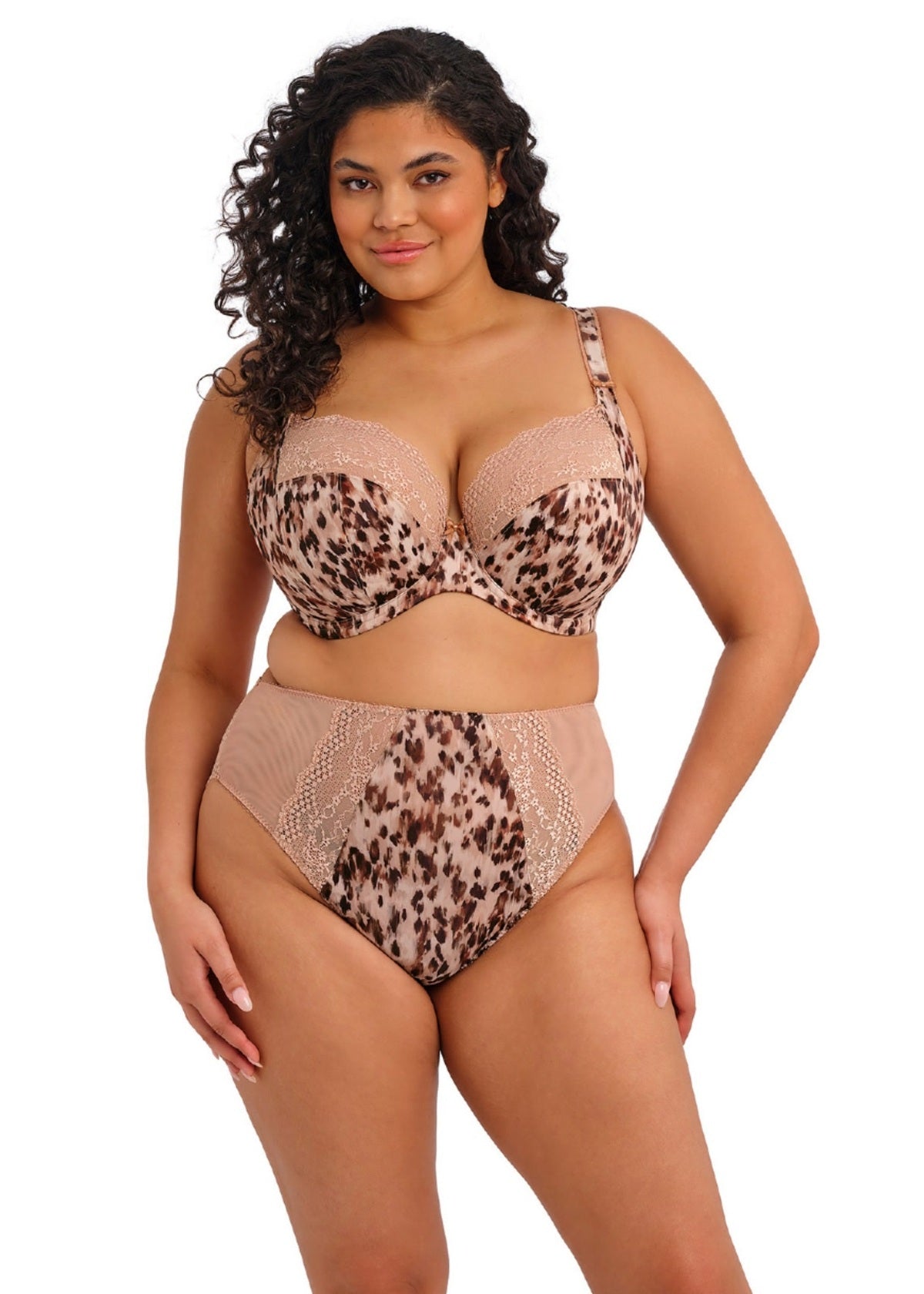 Beige and brown leopard-print bra set with lace trim matching lucie high leg brief lingerie set