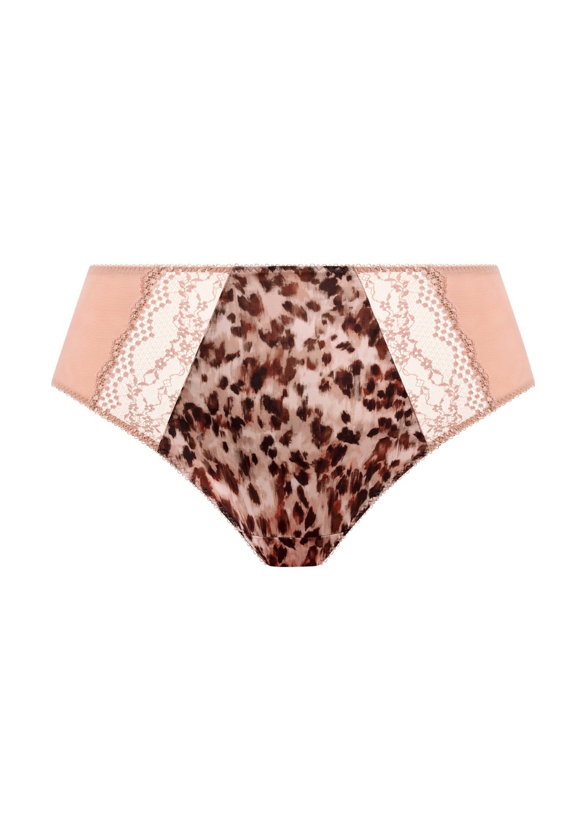 Lucie high leg brief features a delicate peach color with a central leopard print panel and intricate lace trim