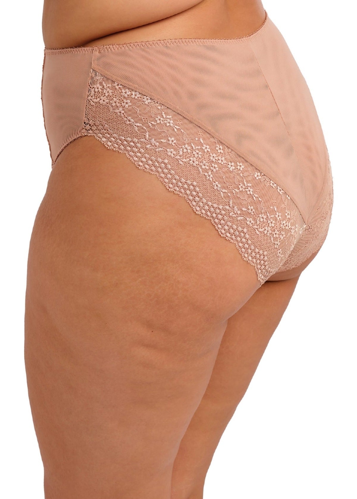 Beige lucie high leg brief underwear with subtle leopard print and delicate lace trim in a high-waisted style