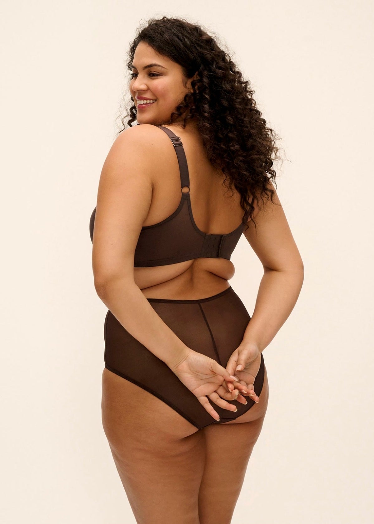 Brown plus-size Matilda full brief lingerie set with supportive bra and sheer mesh briefs in delicate fabric