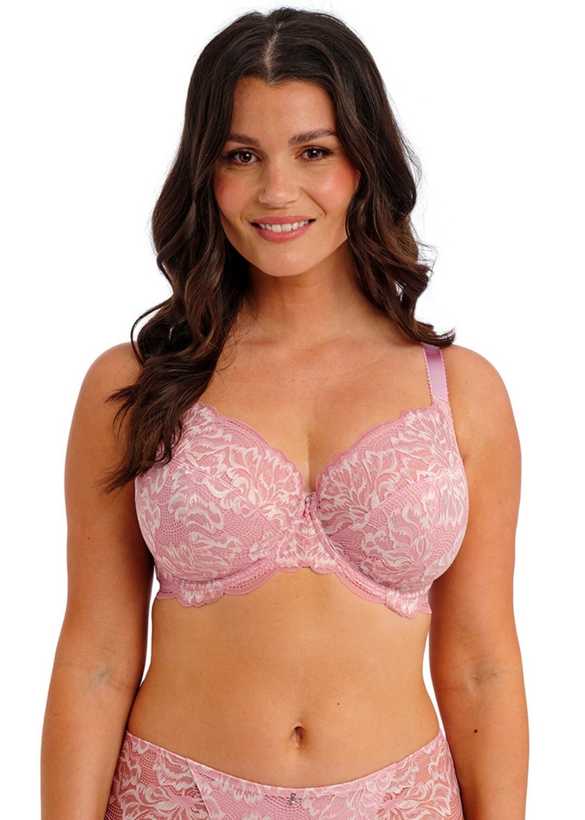 Pink lace Emmaline side support bra with floral pattern and matching straps for comfortable everyday wear