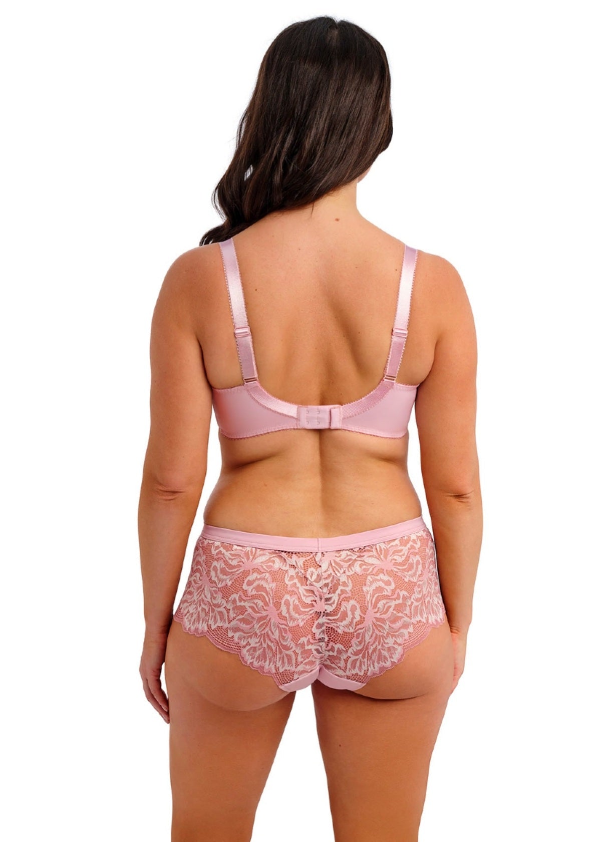 Pink satin emmaline padded plunge bra with matching floral lace panties set