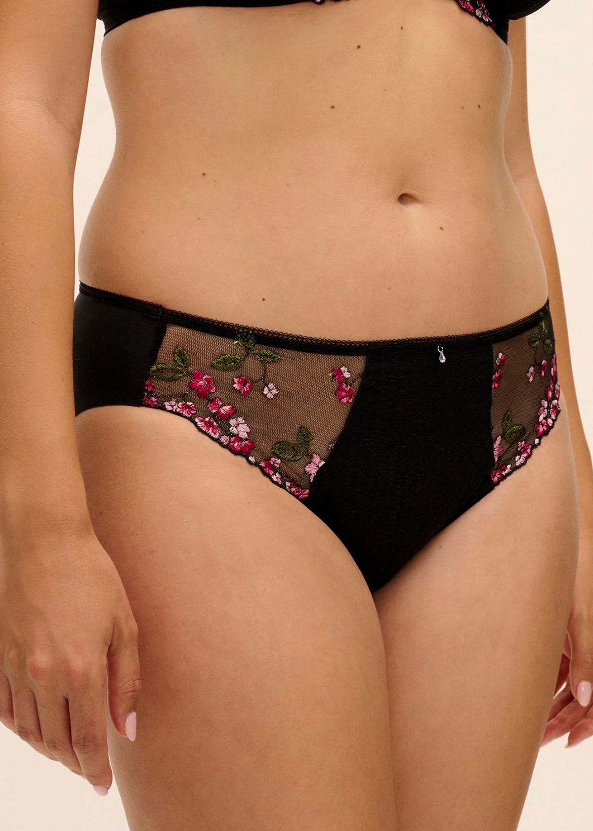 Eliyse brief black lace bikini bottom with pink and green floral embroidery on side panels