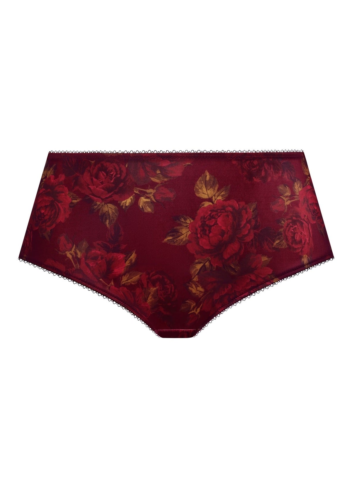 Kayla brief deep red floral patterned briefs with gold leaf accents and delicate lace trim for elegant wear