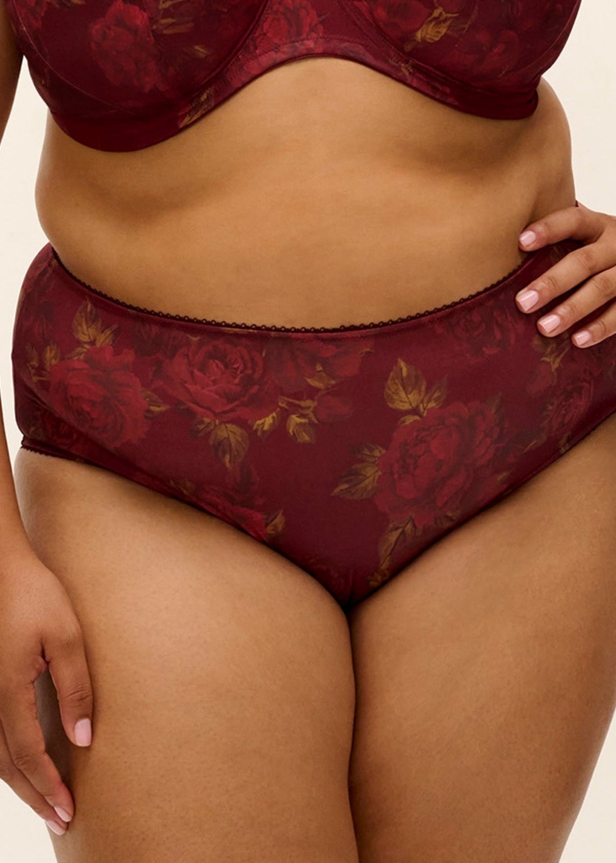 Maroon floral lace kayla brief underwear with gold leaf accents and delicate detailing