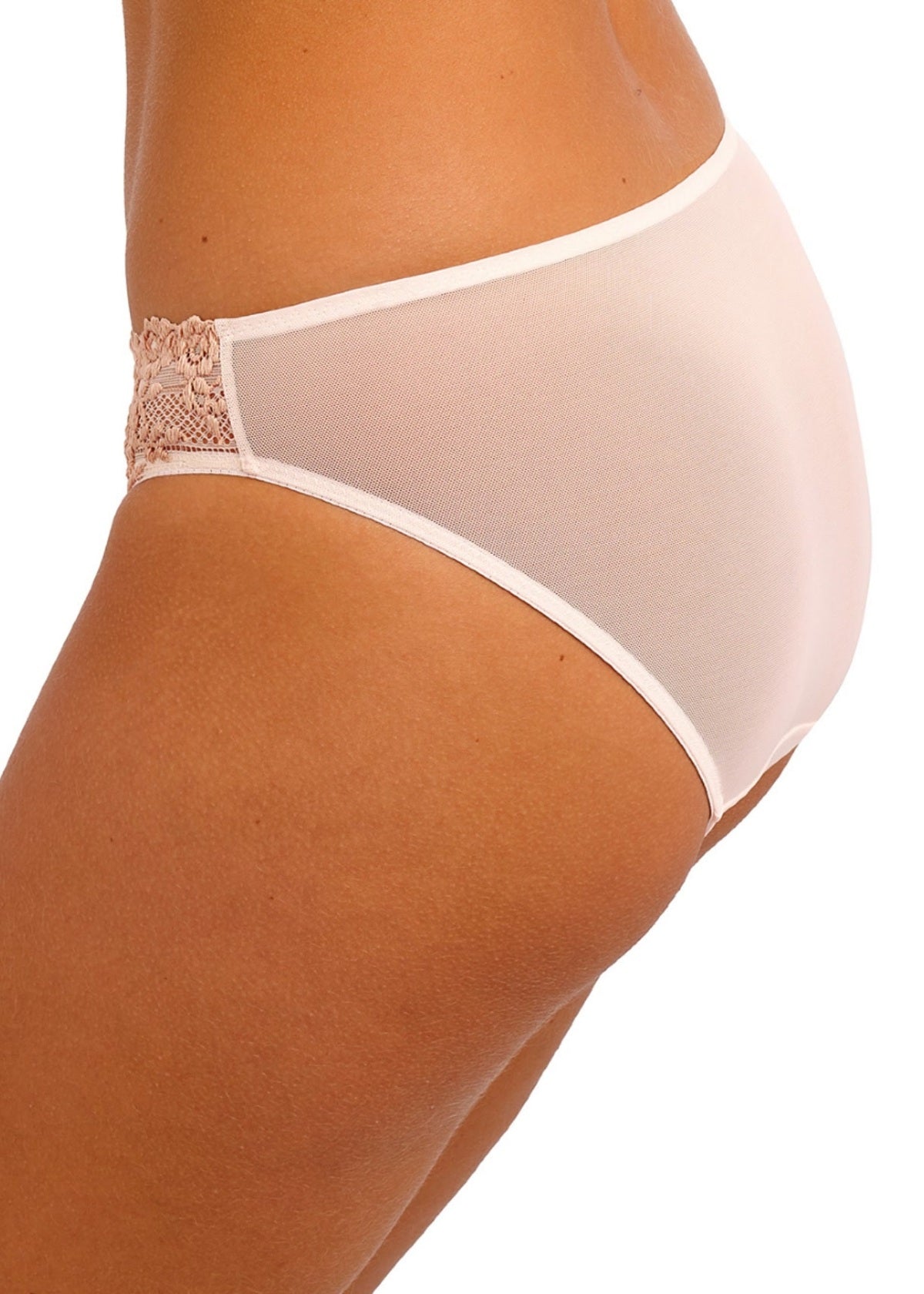 Embrace Lace Bikini Brief in sheer white mesh with pink lace trim