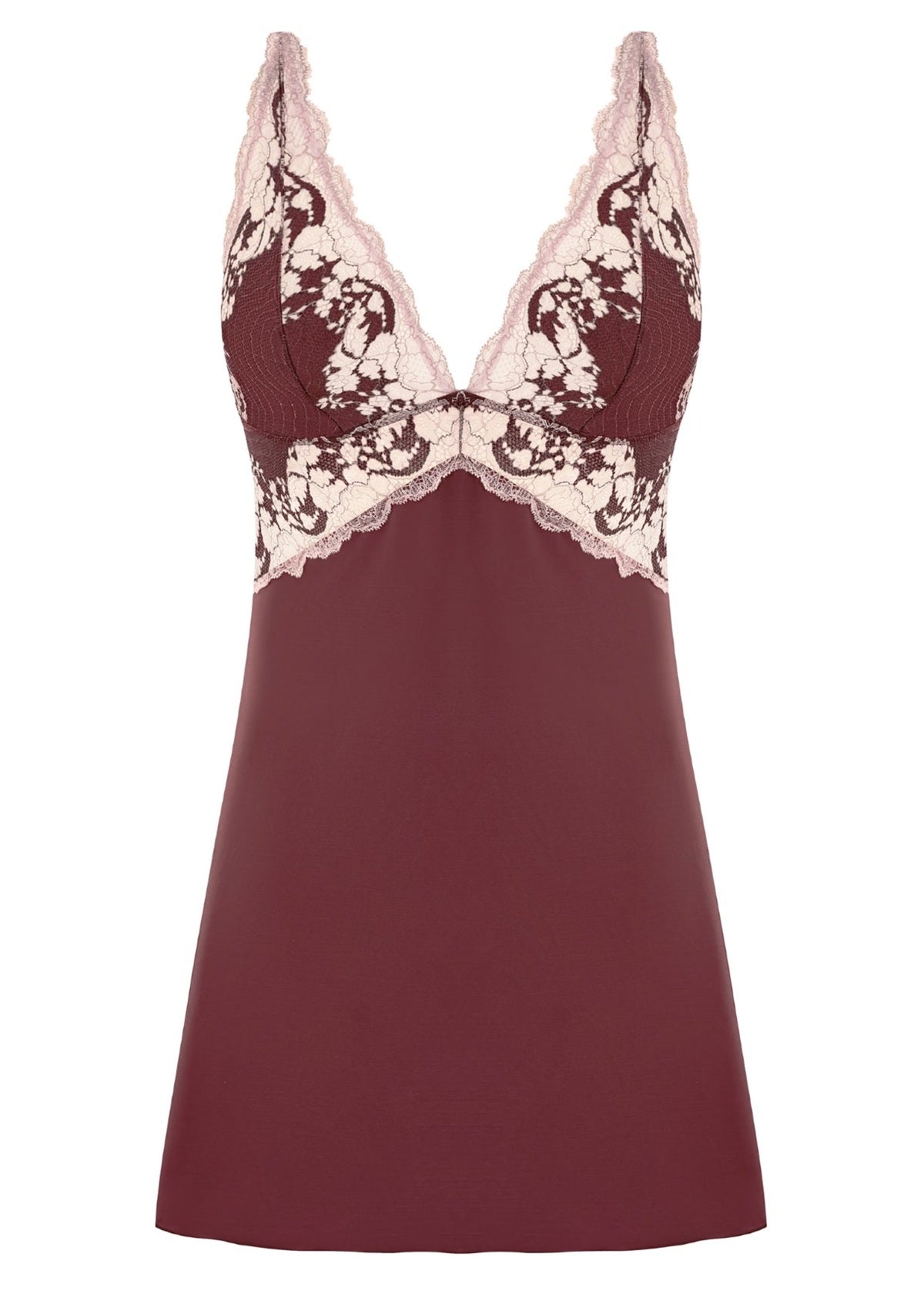 Modern Affair Chemise maroon lace-trimmed camisole nightgown with floral embroidery and soft flowing silhouette