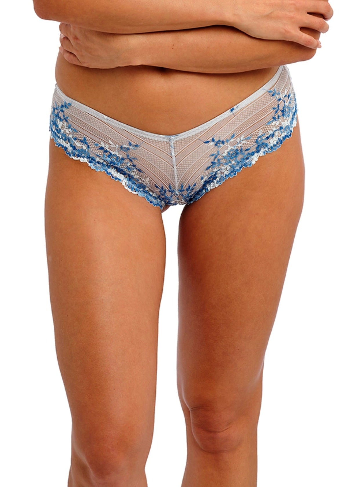 Blue floral lace Embrace Lace Tanga bikini bottom with sheer mesh and scalloped edges