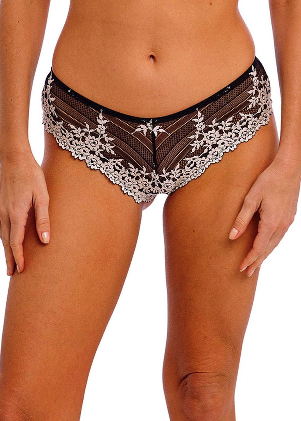 Embrace Lace Tanga: black and white lace-trimmed mesh briefs with floral patterns