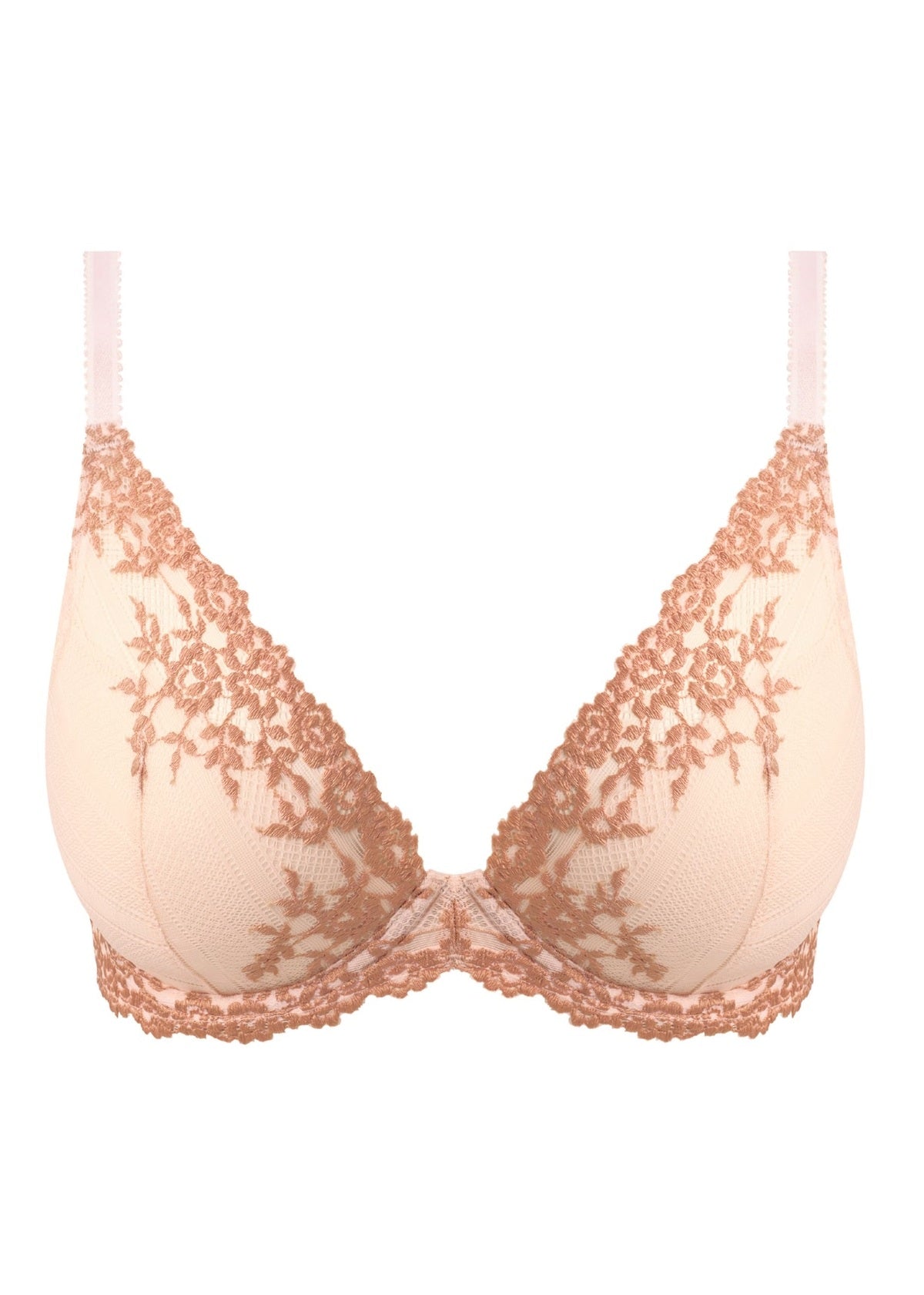 Beige embrace lace plunge bra with underwire and delicate rose gold lace floral detailing on edges and straps
