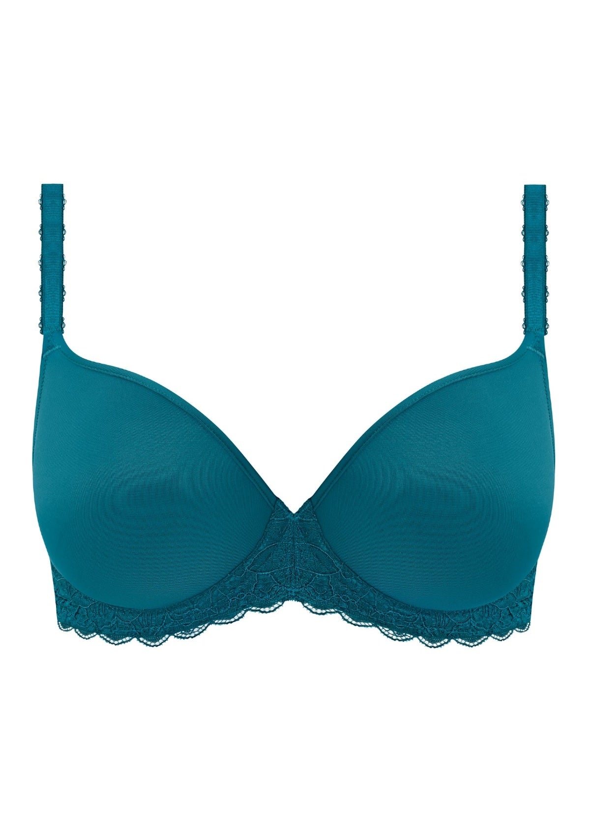 Raffine UW Contour Bra in teal with lace trim on bottom and straps