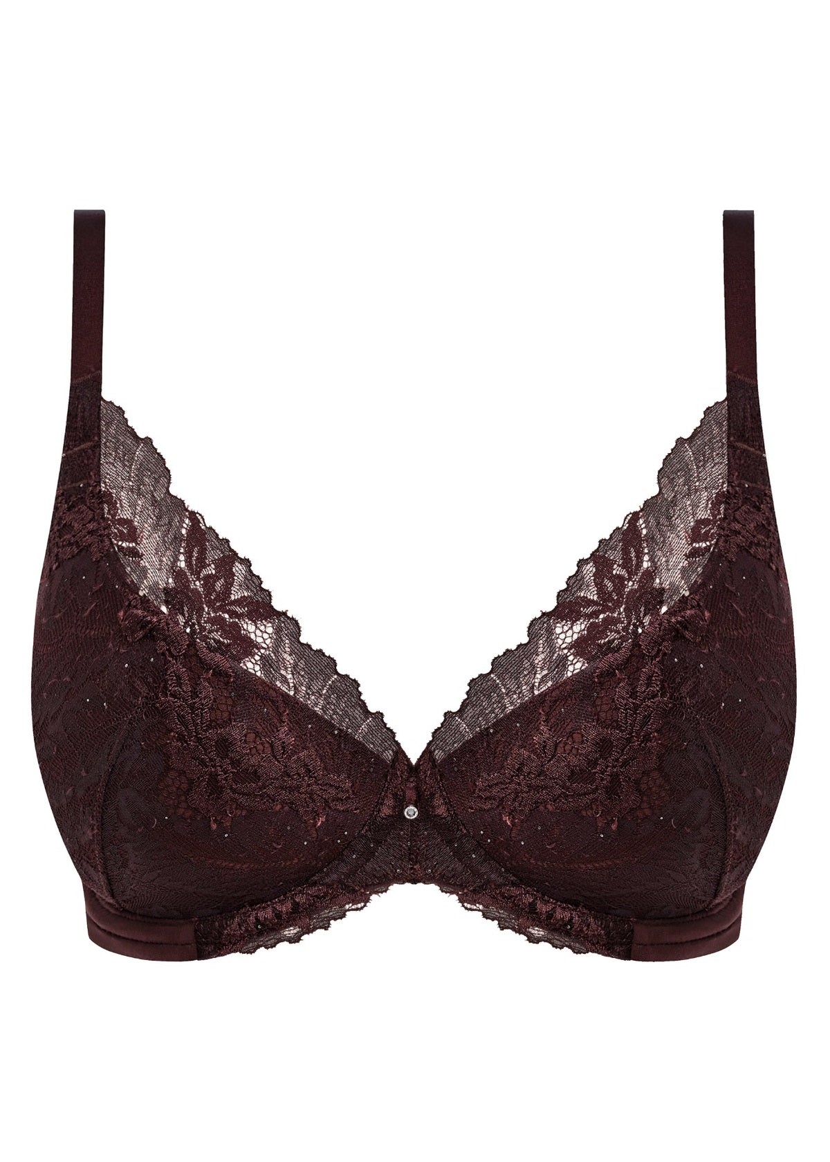 Dark burgundy lace most divine plunge bra with floral patterns and thin straps for elegant support