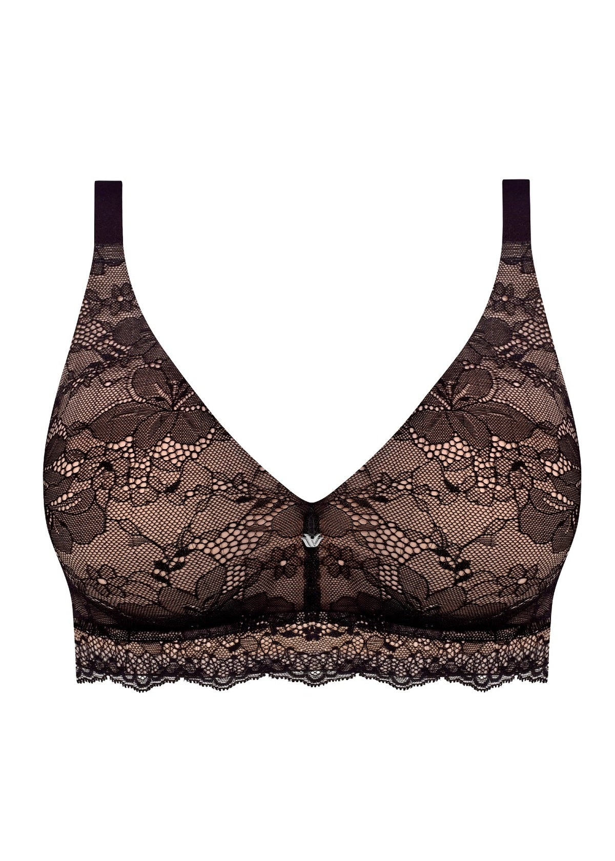 Black lace wacoal essence non wired bra with floral pattern and adjustable straps