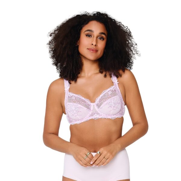 A delicate lavender lace daily full coverage bra with intricate floral patterns and thin straps