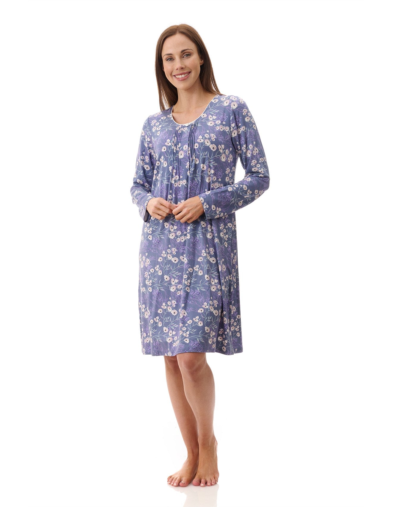 A soft lavender Elaine nightie with long sleeves and a delicate white floral pattern for comfortable sleep