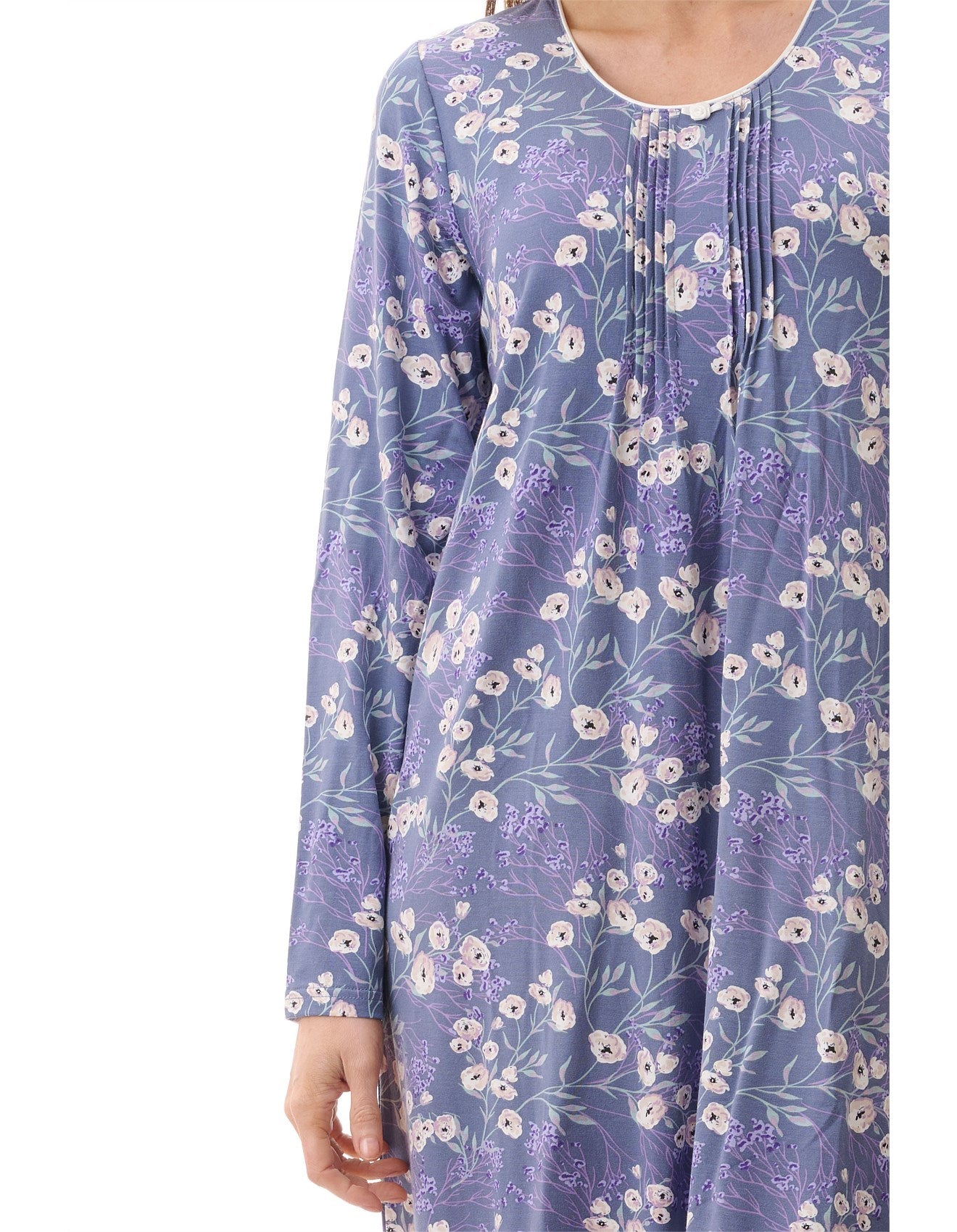 A soft lavender elaine nightie nightgown with delicate white and light purple floral pattern and long sleeves