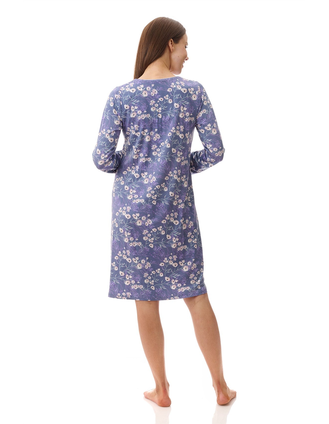 Elaine nightie soft lavender nightgown with delicate white and light purple floral pattern long sleeves relaxed fit