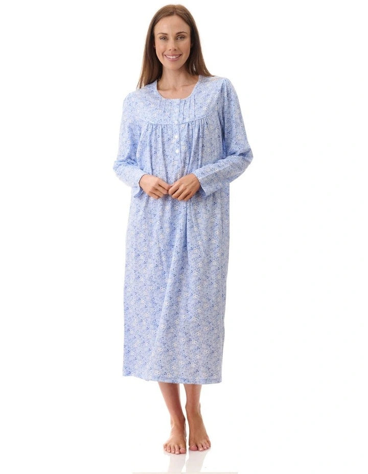 Katie mid nightie light blue floral patterned long sleeved cotton nightgown with button front and gathered neckline