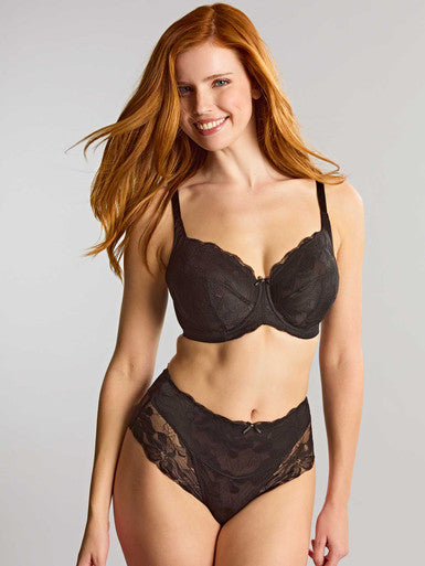 Black lace evangeline full cup bra and matching high waisted panties set with intricate floral detailing