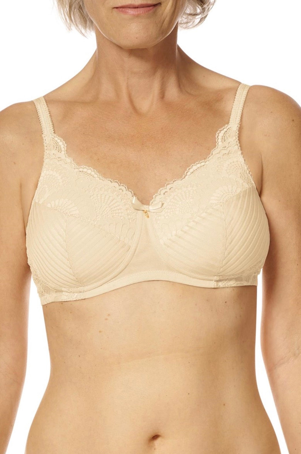 Cream-colored lace-trimmed bra with subtle ribbed texture and delicate gold-toned clasp from Untitled May27_15:49:15