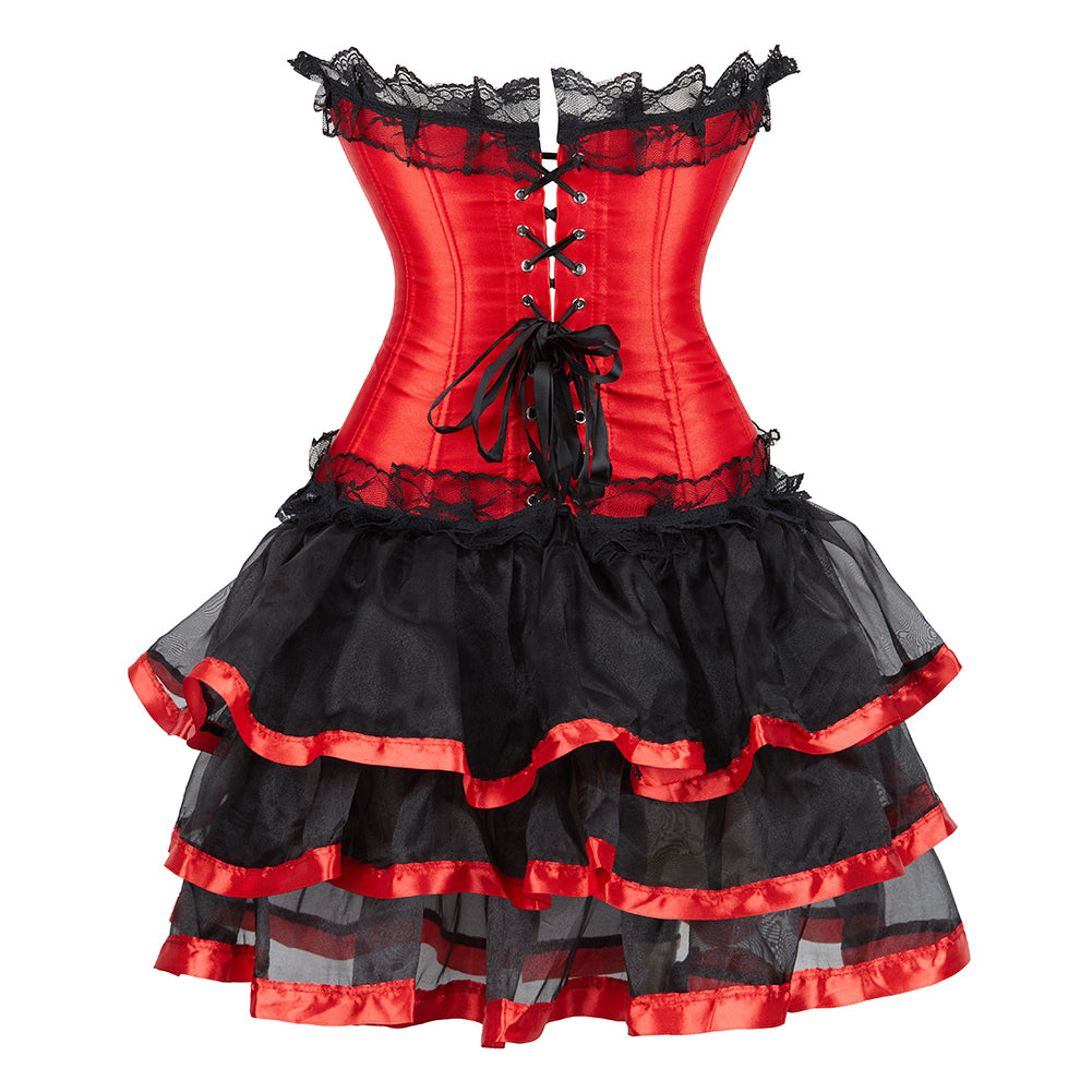 Red and black burlesque tutu corset dress with lace trim satin ribbon lacing and layered tulle skirt