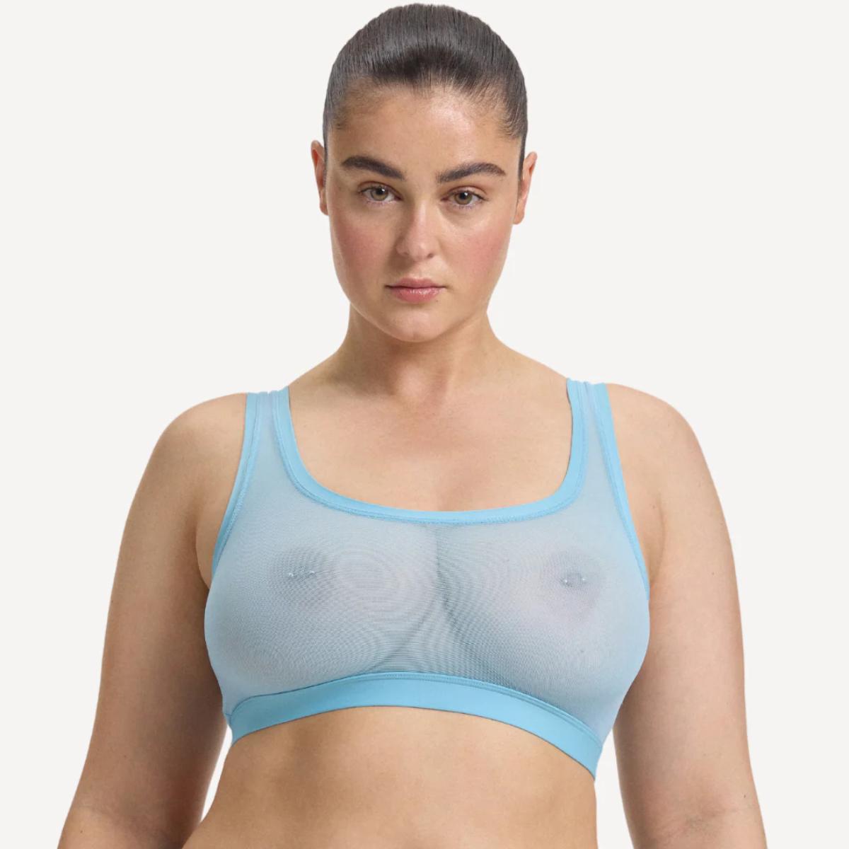 Light blue sheer mesh Everybody Scoop Crop sports bra with solid band