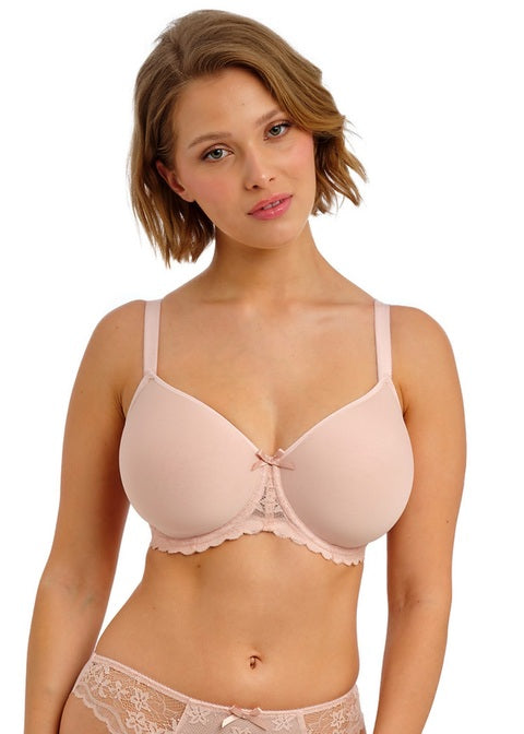 Quinn Cameo UW moulded spacer bra in pink with lace trim and bow