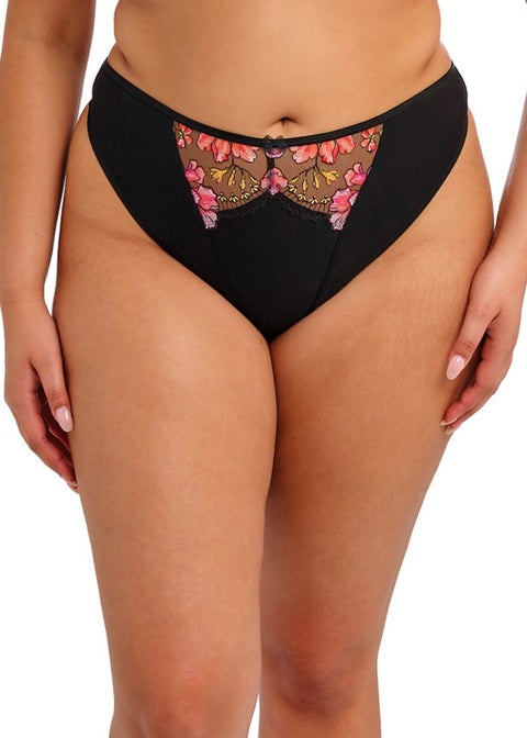 Teagan high-leg black bikini briefs with pink gold floral lace panel