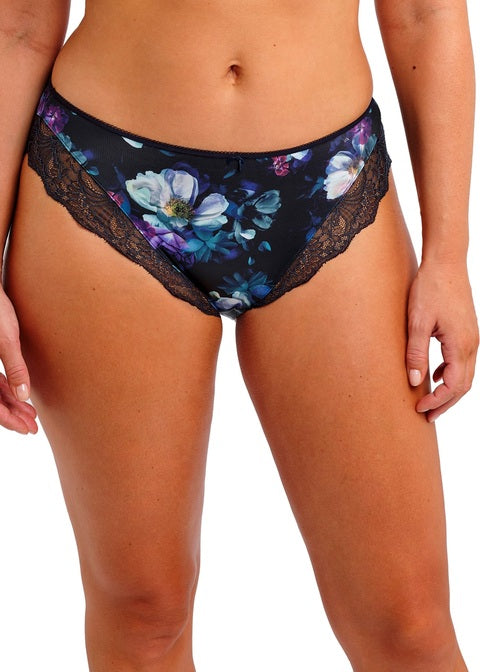 Lucia Brief black floral bikini bottom with lace trim