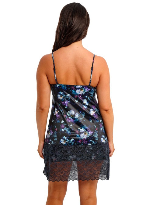 Lucia Chemise dark navy satin nightgown with purple white floral lace trim
