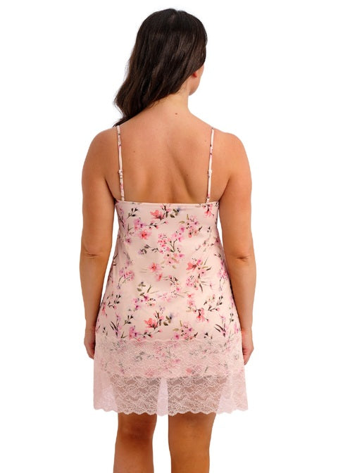 Lucia Chemise: pink floral nightgown with spaghetti straps, lace hem