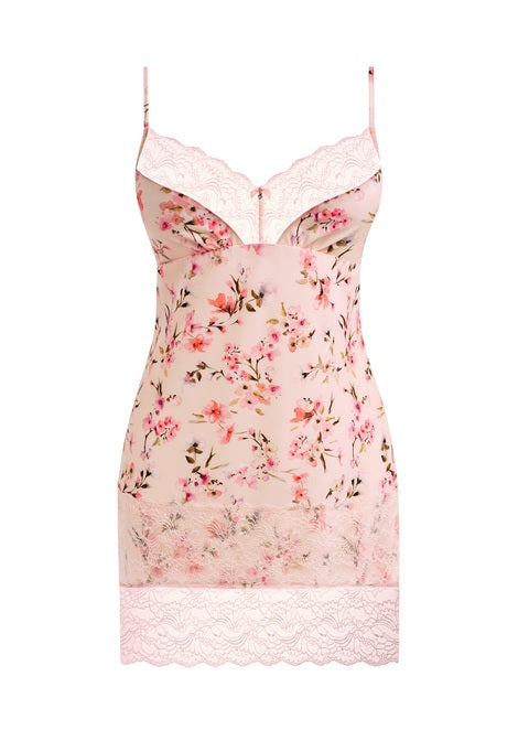 Lucia Chemise: pink floral camisole with lace trim and spaghetti straps