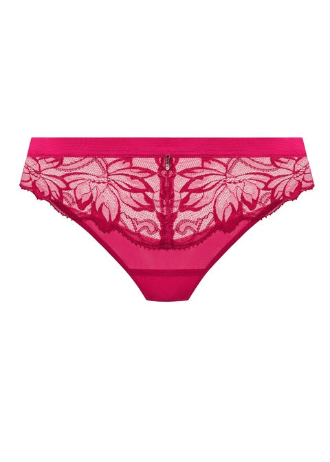 Fuchsia abellia tanga lace-trimmed briefs with central zipper detail in a delicate fabric design