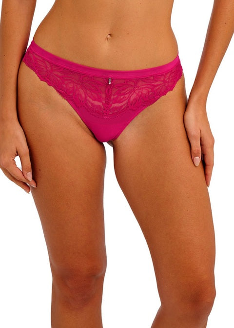Back view of fuchsia abellia tanga lace thong with zipper detail in vibrant pink lace material