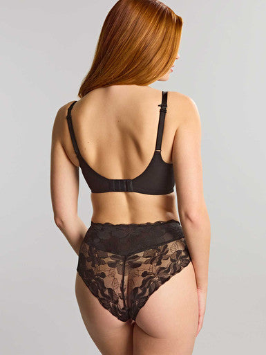Black lace high-waisted briefs with floral pattern from evangeline full cup lingerie collection