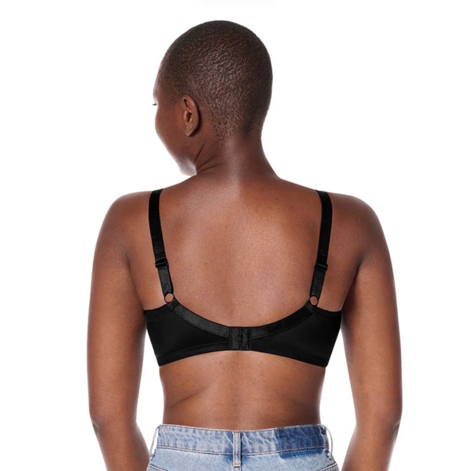 Black satin nancy non wired bra with adjustable straps and central back closure shown from the back side