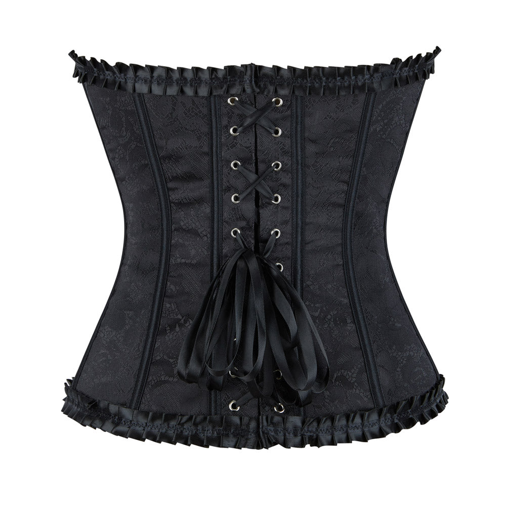 Black lace corset with ruffled trim, silver eyelets, floral print
