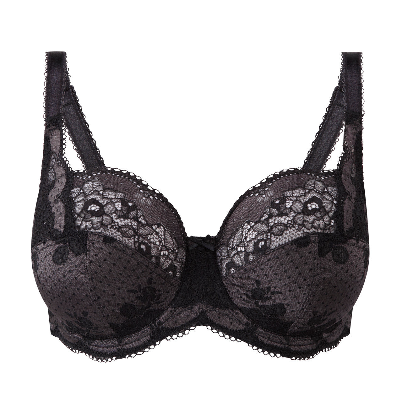 Clara Full Cup black lace bra with floral patterns and sheer mesh