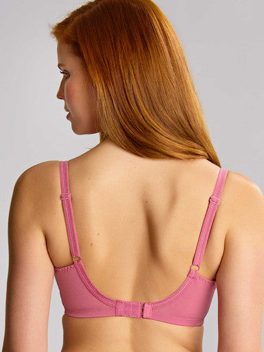 Pink envy full cup underwire bra with adjustable straps and seamless back design shown from the back side