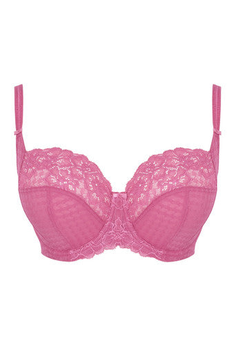 Envy full cup pink lace bra with delicate floral patterns and thin adjustable straps for comfortable support