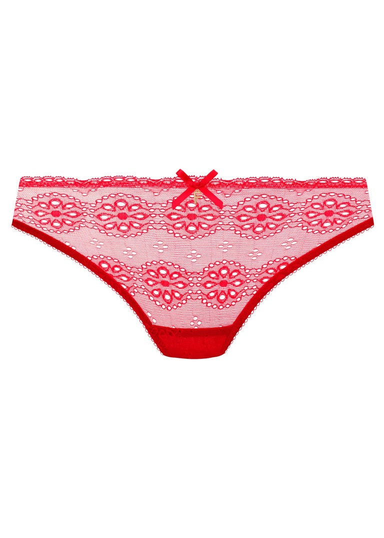 Posie brazilian red lace thong with floral patterns and a matching bow at the center